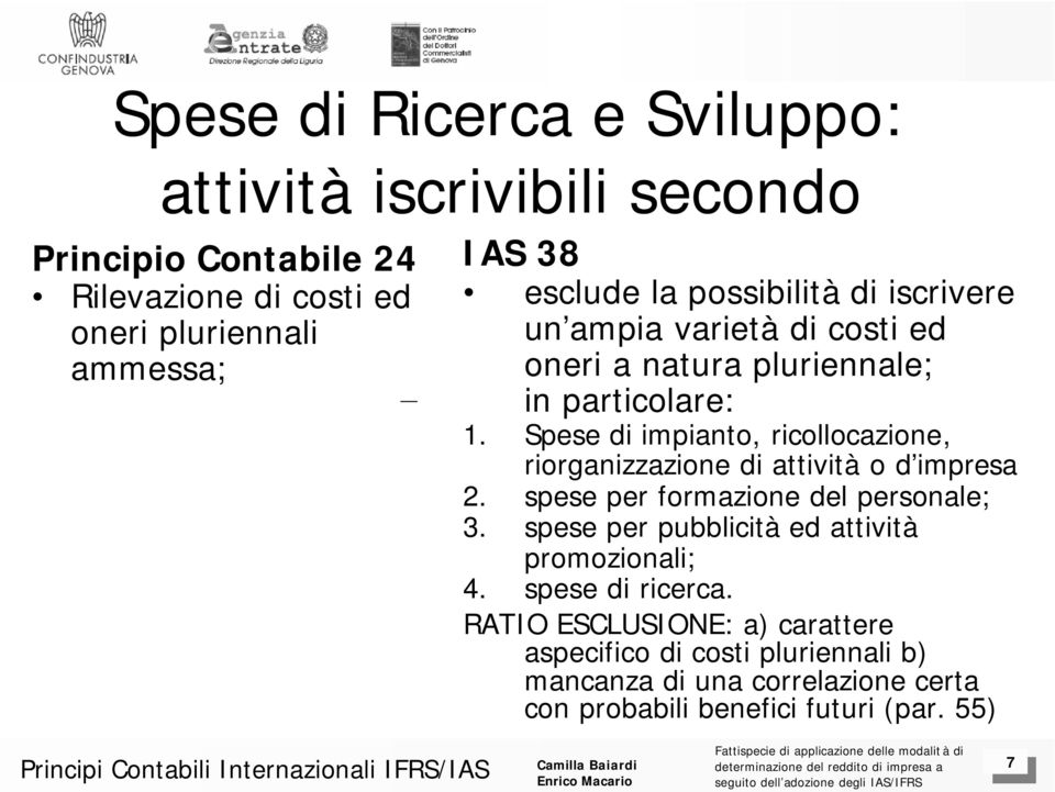 Spese di impianto, ricollocazione, riorganizzazione di attività o d impresa 2. spese per formazione del personale; 3.