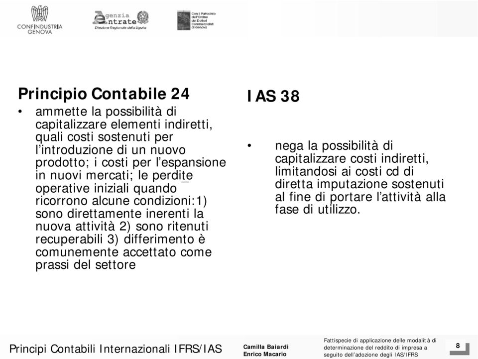 inerenti la nuova attività 2) sono ritenuti recuperabili 3) differimento è comunemente accettato come prassi del settore IAS 38 nega la