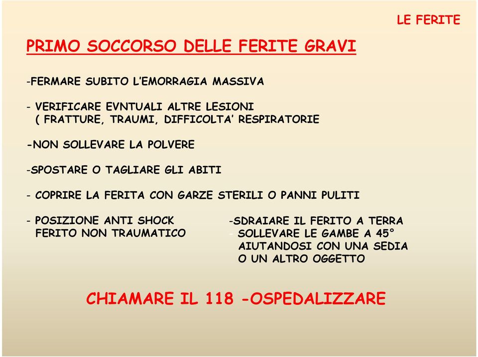 COPRIRE LA FERITA CON GARZE STERILI O PANNI PULITI - POSIZIONE ANTI SHOCK FERITO NON TRAUMATICO -SDRAIARE IL