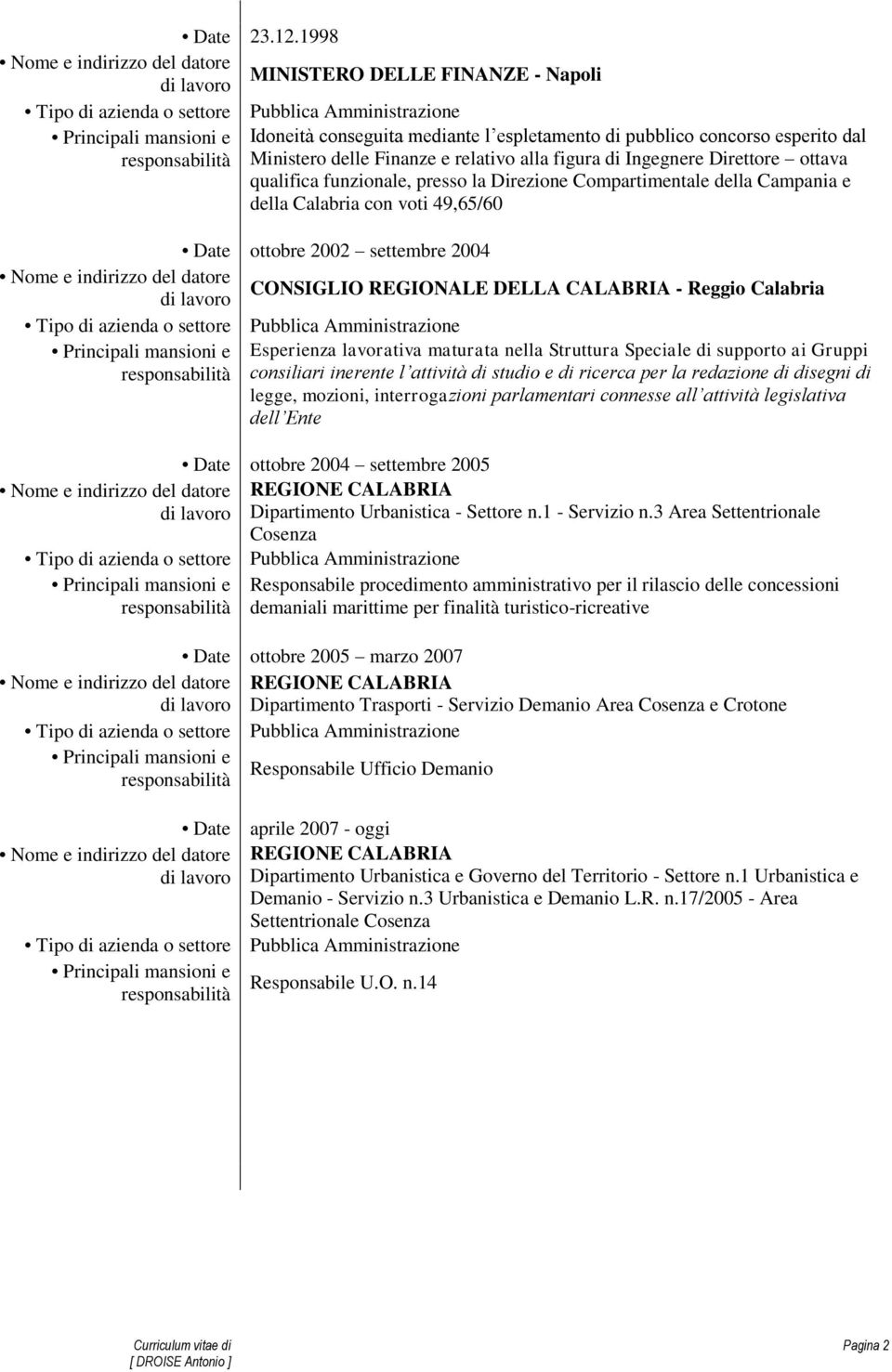 qualifica funzionale, presso la Direzione Compartimentale della Campania e della Calabria con voti 49,65/60 Date ottobre 2002 settembre 2004 CONSIGLIO REGIONALE DELLA CALABRIA - Reggio Calabria