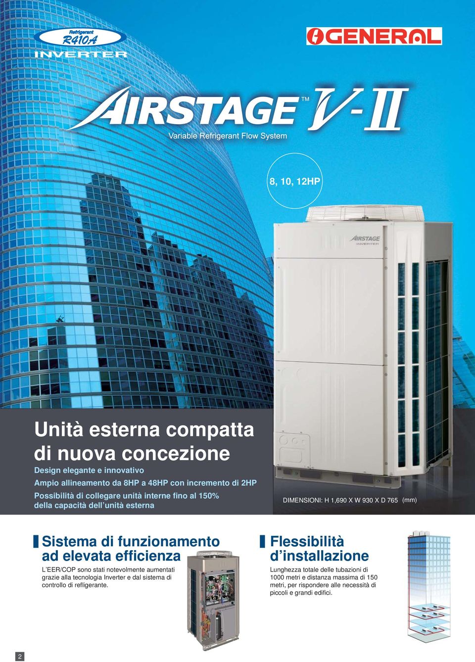 elevata efficienza L EER/COP sono stati notevolmente aumentati grazie alla tecnologia Inverter e dal sistema di controllo di refligerante.