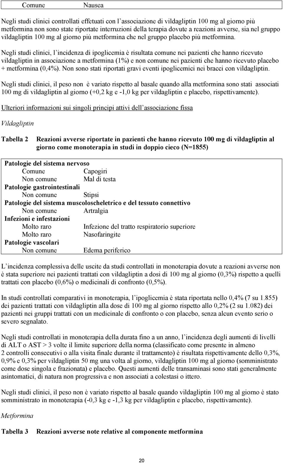 Negli studi clinici, l incidenza di ipoglicemia è risultata comune nei pazienti che hanno ricevuto vildagliptin in associazione a metformina (1%) e non comune nei pazienti che hanno ricevuto placebo