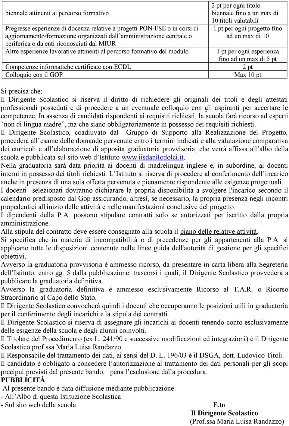 a un max di 10 titoli valutabili 1 pt per ogni progetto fino ad un max di 10 1 pt per ogni esperienza fino ad un max di 5 pt 2 pt Max 10 pt Si precisa che: Il Dirigente Scolastico si riserva il