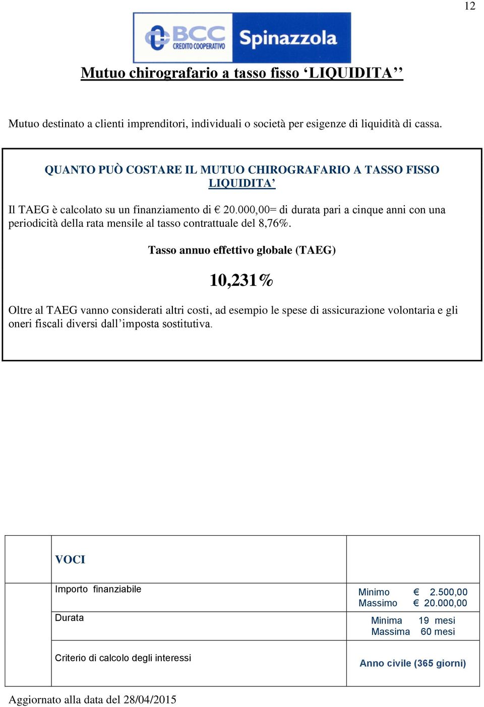 000,00= di durata pari a cinque anni con una periodicità della rata mensile al tasso contrattuale del 8,76%.