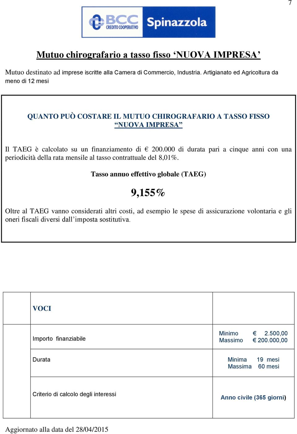 000 di durata pari a cinque anni con una periodicità della rata mensile al tasso contrattuale del 8,01%.