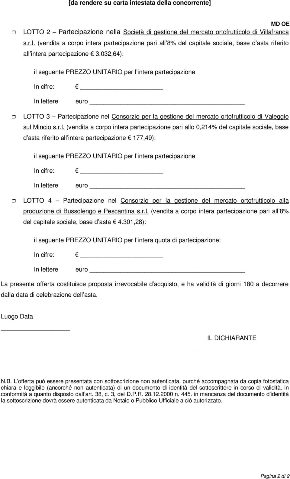 seguente PREZZO UNITARIO per l 