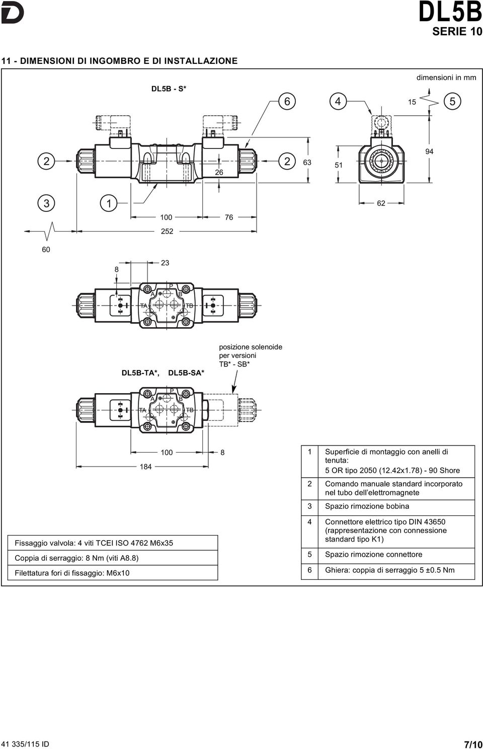 78) - 90 Shore 2 Comando manuale standard incorporato nel tubo dell elettromagnete 3 Spazio rimozione bobina Fissaggio valvola: 4 viti TCEI ISO 4762