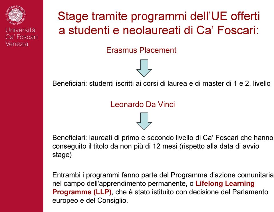 livello Leonardo Da Vinci Beneficiari: laureati di primo e secondo livello di Ca Foscari che hanno conseguito il titolo da non più di 12 mesi