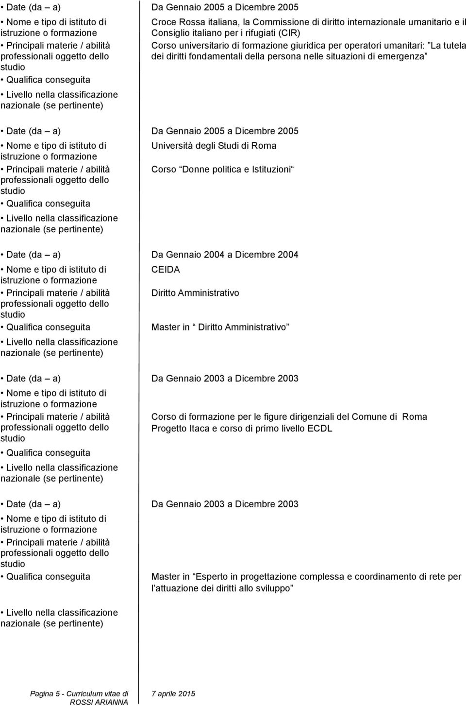 Donne politica e Istituzioni Date (da a) Da Gennaio 2004 a Dicembre 2004 CEIDA Diritto Amministrativo Master in Diritto Amministrativo Date (da a) Da Gennaio 2003 a Dicembre 2003 Corso di formazione