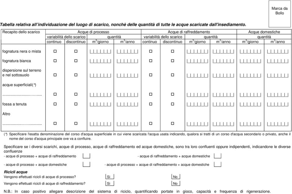 /anno continuo discontinuo m 3 /giorno m 3 /anno m 3 /giorno m 3 /anno fognatura nera o mista _ _ _ _ _ _ _ _ _ _ _ _ _ _ _ _ _ _ _ _ _ _ _ _ _ _ _ _ _ _ _ _ _ _ _ _ fognatura bianca _ _ _ _ _ _ _ _