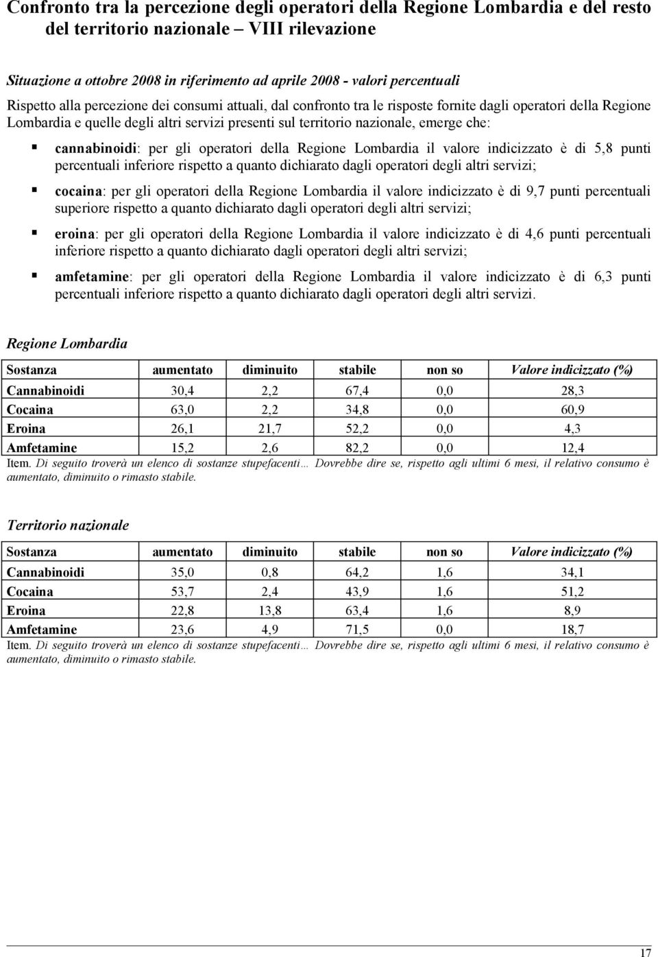 cannabinoidi: per gli operatori della Regione Lombardia il valore indicizzato è di 5,8 punti percentuali inferiore rispetto a quanto dichiarato dagli operatori degli altri servizi; cocaina: per gli