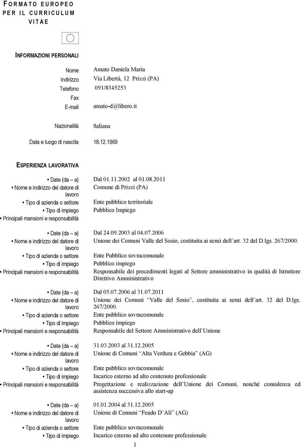 2011 Nome e indirizzo del datore di Comune di Prizzi (PA) Tipo di impiego Pubblico Impiego Principali mansioni e responsabilità Date (da a) Dal 24.09.2003 al 04.07.