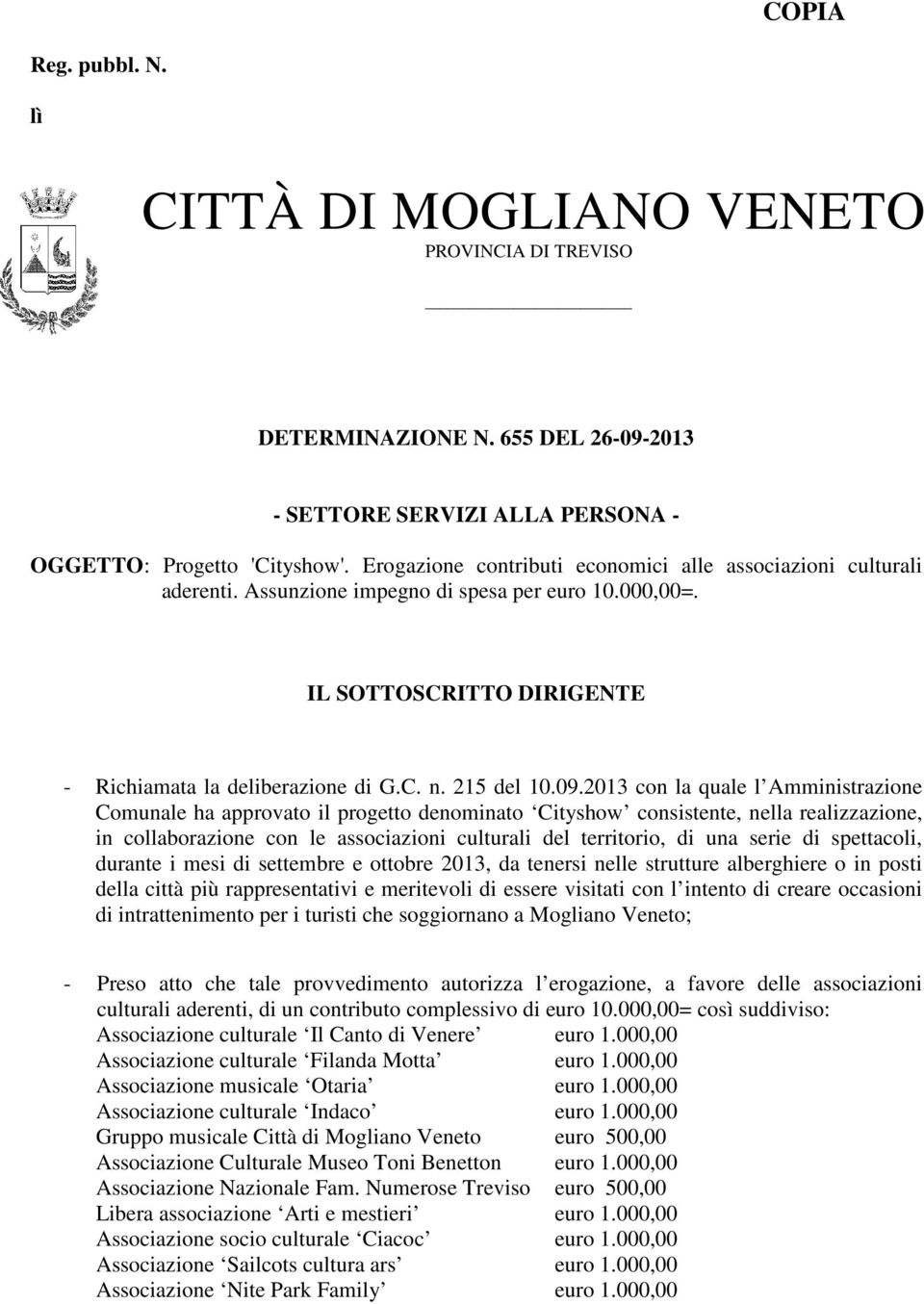 2013 con la quale l Amministrazione Comunale ha approvato il progetto denominato Cityshow consistente, nella realizzazione, in collaborazione con le associazioni culturali del territorio, di una