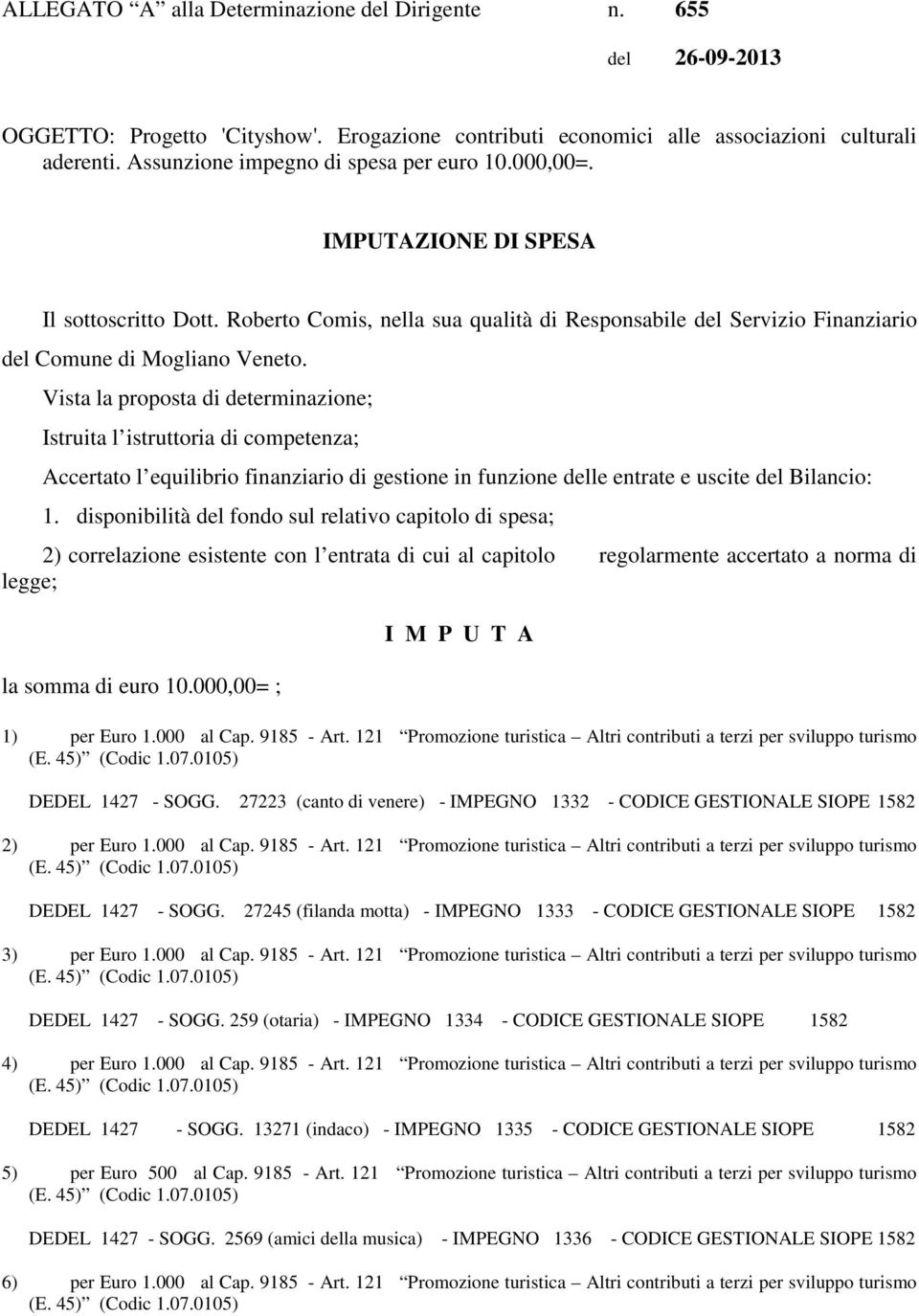 Vista la proposta di determinazione; Istruita l istruttoria di competenza; Accertato l equilibrio finanziario di gestione in funzione delle entrate e uscite del Bilancio: 1.