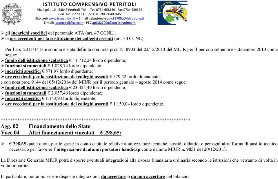 028,74 lordo dipendente; incarichi specifici 571,97 lordo dipendente; ore eccedenti per la sostituzione dei colleghi assenti 579,52 lordo dipendente; e con nota prot.