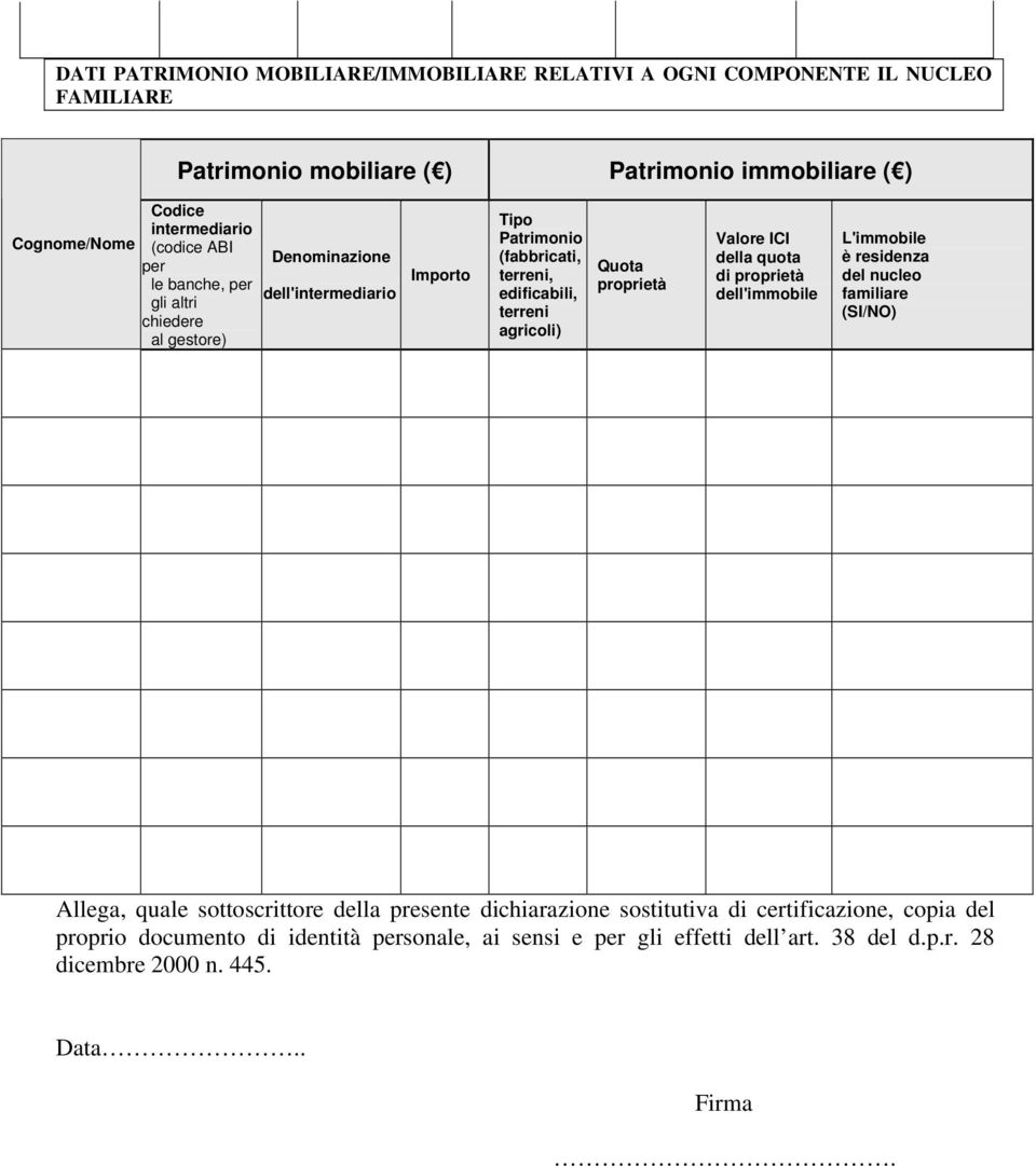 Quota proprietà Valore ICI della quota di proprietà dell'immobile L'immobile è residenza del nucleo familiare (/) Allega, quale sottoscrittore della presente dichiarazione