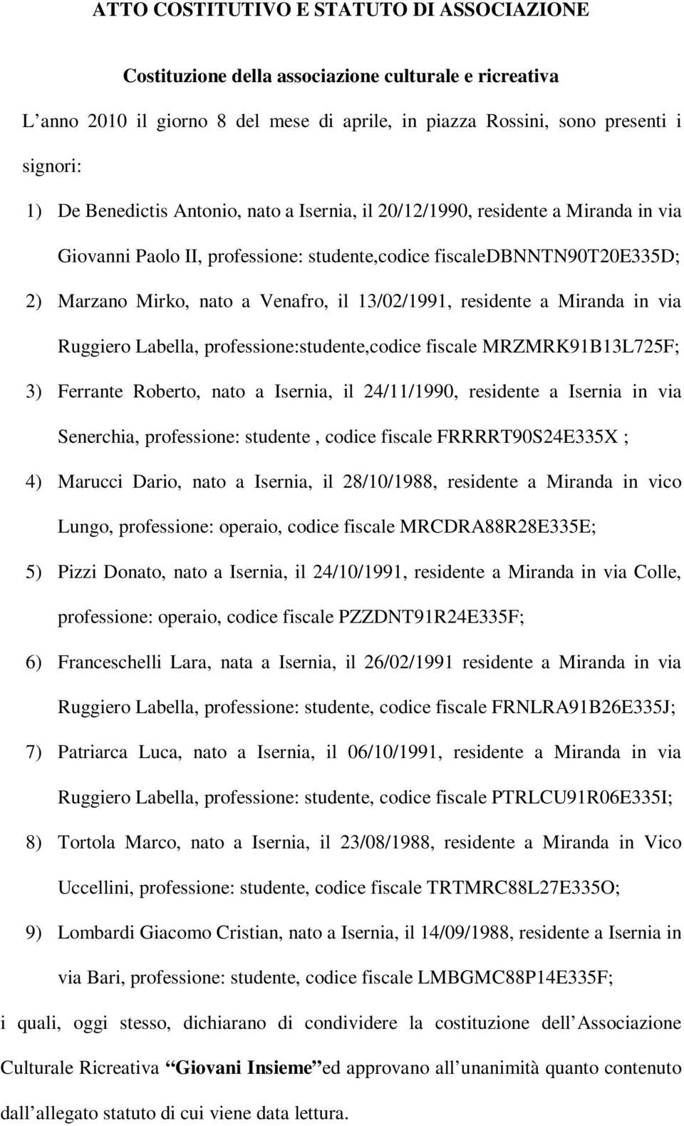 residente a Miranda in via Ruggiero Labella, professione:studente,codice fiscale MRZMRK91B13L725F; 3) Ferrante Roberto, nato a Isernia, il 24/11/1990, residente a Isernia in via Senerchia,