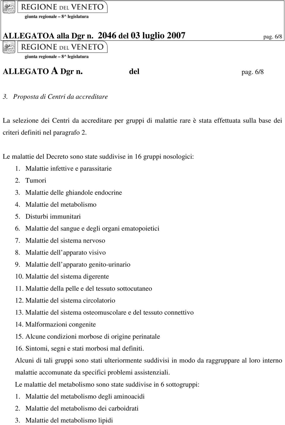 Le malattie del Decreto sono state suddivise in 16 gruppi nosologici: 1. Malattie infettive e parassitarie 2. Tumori 3. Malattie delle ghiandole endocrine 4. Malattie del metabolismo 5.