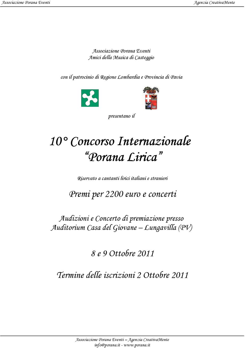 Premi per 2200 euro e concerti Audizioni e Concerto di premiazione presso Auditorium Casa del Giovane Lungavilla