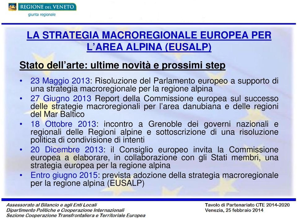 incontro a Grenoble dei governi nazionali e regionali delle Regioni alpine e sottoscrizione di una risoluzione politica di condivisione di intenti 20 Dicembre 2013: il Consiglio europeo invita la