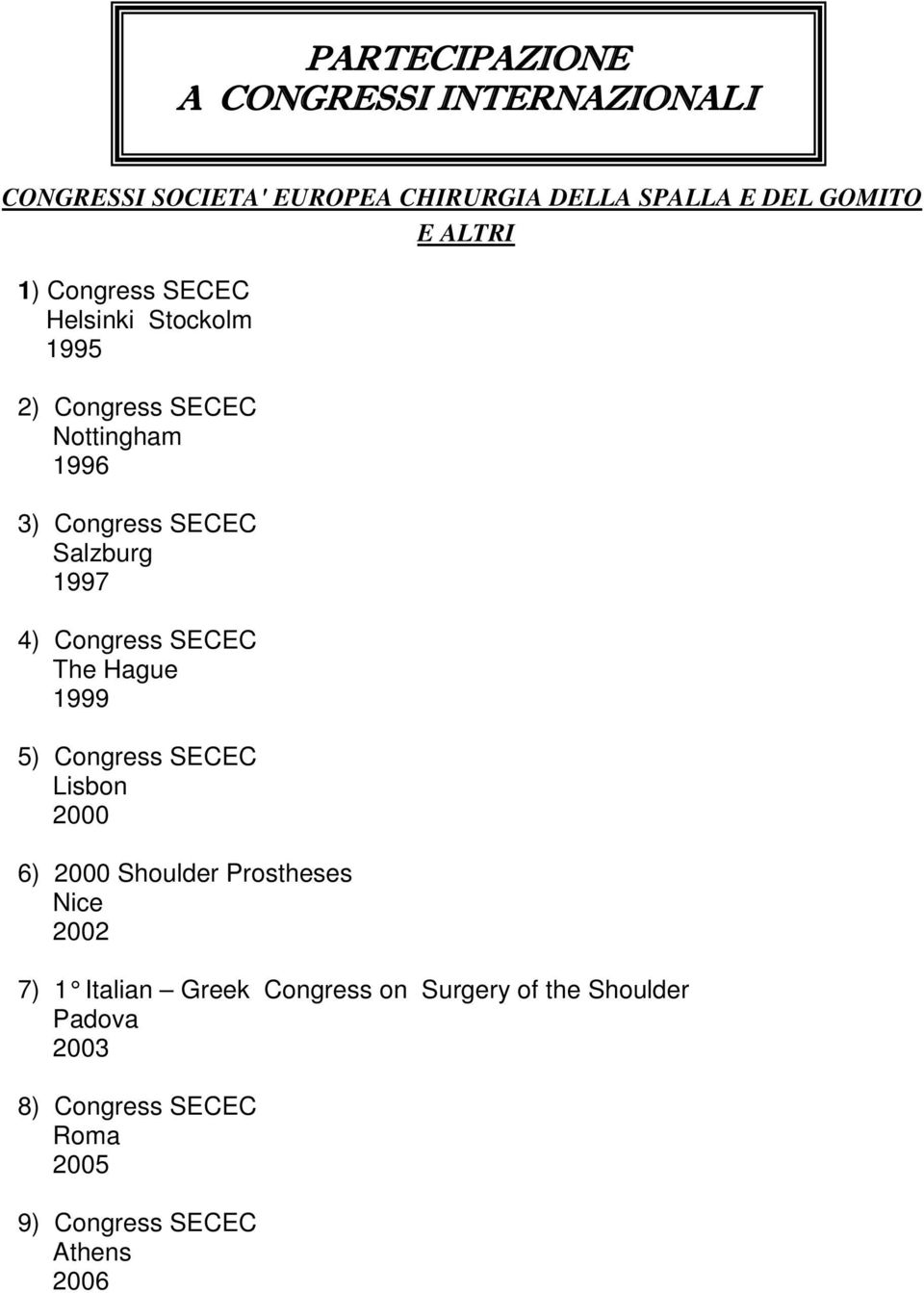 1997 4) Congress SECEC The Hague 1999 5) Congress SECEC Lisbon 2000 6) 2000 Shoulder Prostheses Nice 2002 7) 1