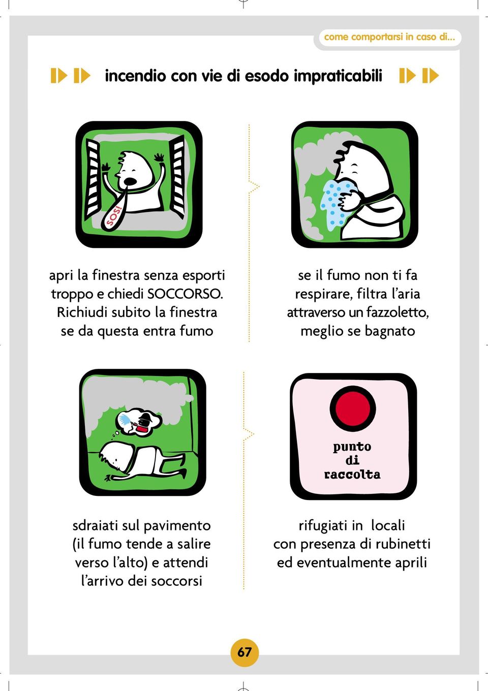 attraverso un fazzoletto, meglio se bagnato sdraiati sul pavimento (il fumo tende a salire verso l