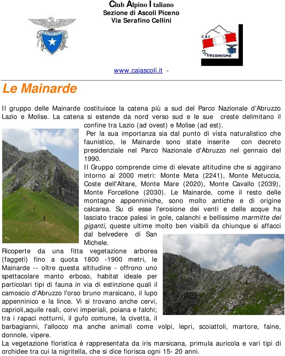 Per la sua importanza sia dal punto di vista naturalistico che faunistico, le Mainarde sono state inserite con decreto presidenziale nel Parco Nazionale d'abruzzo nel gennaio del 1990.