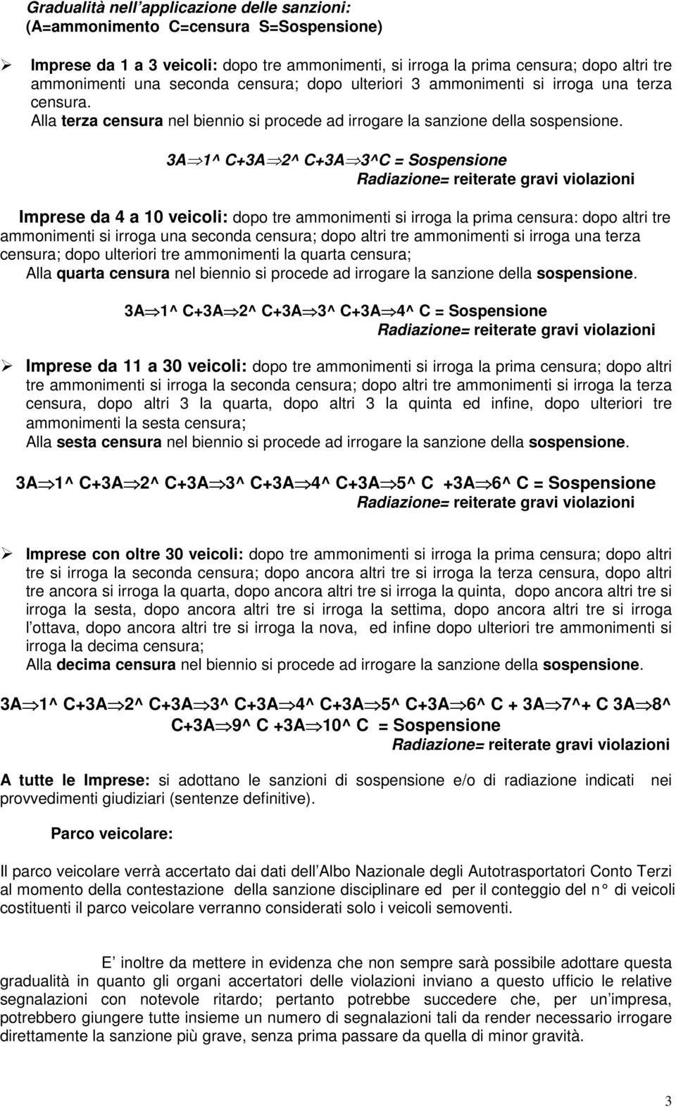 3A 1^ C+3A 2^ C+3A 3^C = Sospensione Imprese da 4 a 10 veicoli: dopo tre ammonimenti si irroga la prima censura: dopo altri tre ammonimenti si irroga una seconda censura; dopo altri tre ammonimenti