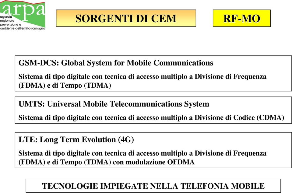 tecnica di accesso multiplo a Divisione di Codice (CDMA) LTE: Long Term Evolution (4G) Sistema di tipo digitale con tecnica di