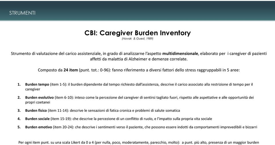 Burden tempo (item 1-5): il burdendipendente dal tempo richiesto dall assistenza, descrive il carico associato alla restrizione di tempo per il caregiver 2.