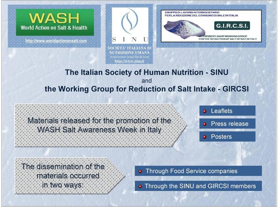 Materials released for the promotion of the WASH Salt Awareness Week in Italy Leaflets Press release Posters The