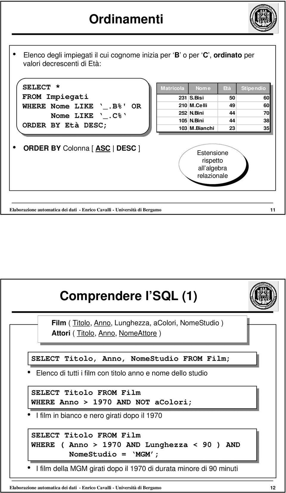 Bianchi 23 23 35 35 ORDER BY Colonna [ ASC DESC ] Estensione rispetto all algebra relazionale Elaborazione automatica dei dati - Enrico Cavalli - Università di Bergamo 11 Comprendere l SQL (1) Film (