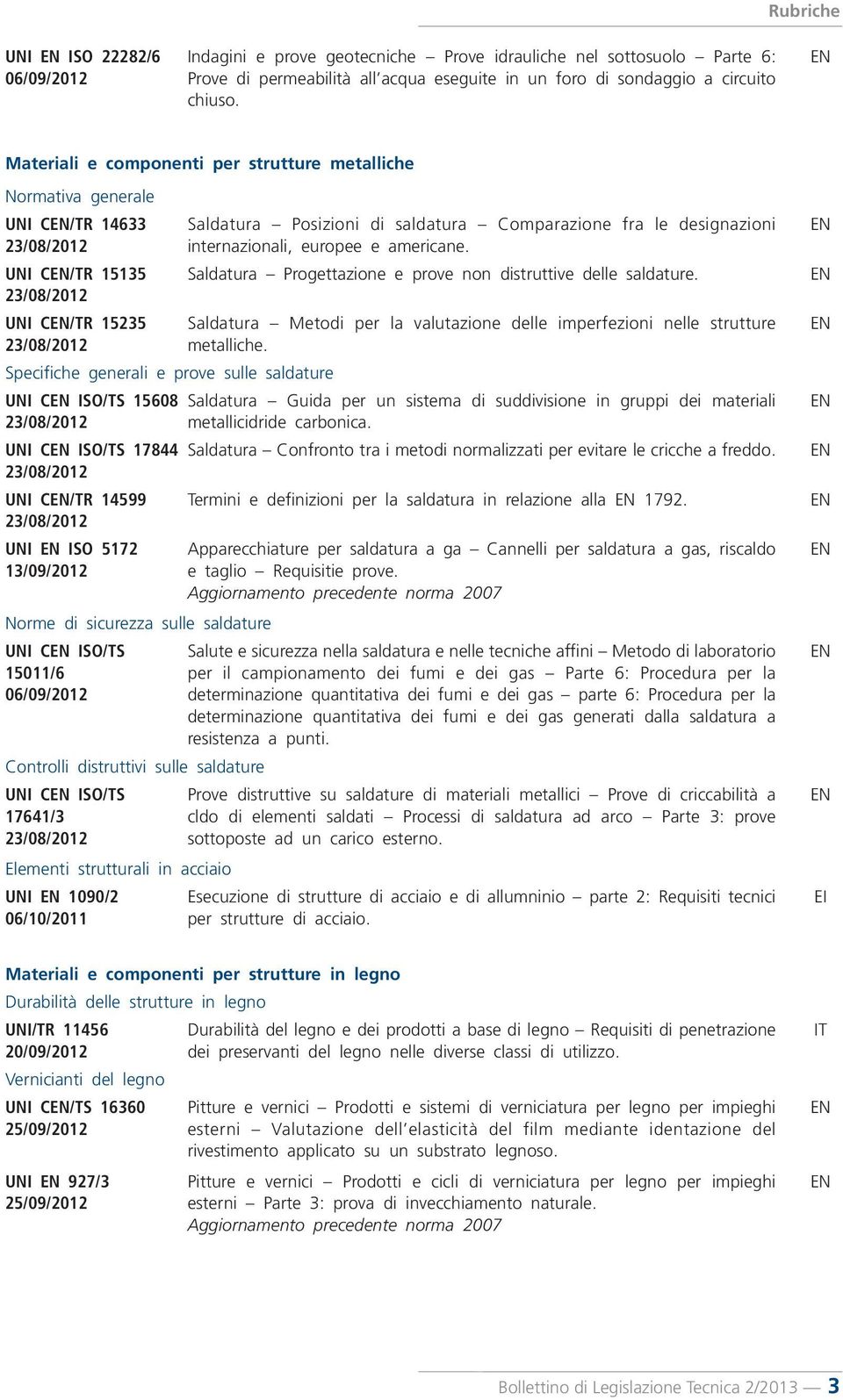 UNI C/TR 15135 Saldatura Progettazione e prove non distruttive delle saldature. UNI C/TR 15235 Saldatura Metodi per la valutazione delle imperfezioni nelle strutture metalliche.