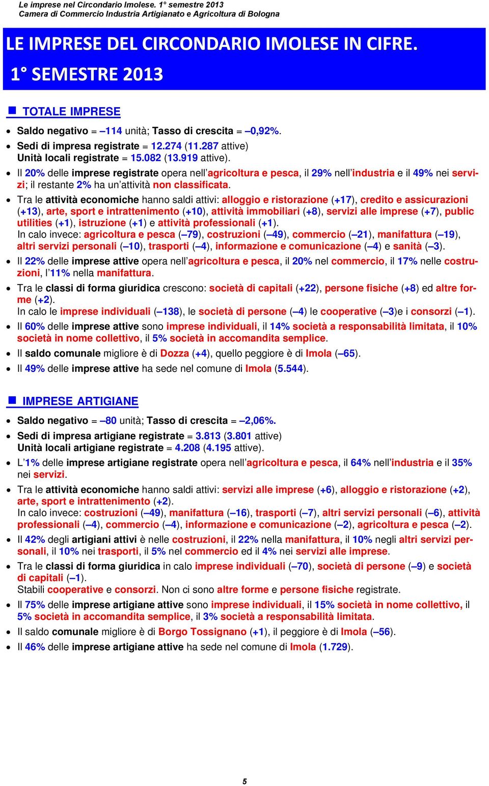 Il 20% delle imprese registrate opera nell agricoltura e pesca, il 29% nell industria e il 49% nei servizi; il restante 2% ha un attività non classificata.