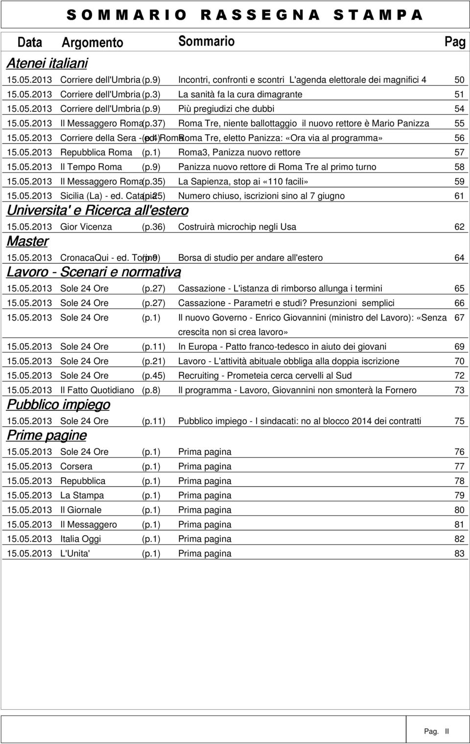 4) ed. Roma Roma Tre, eletto Panizza: «Ora via al programma» 56 15.05.2013 Repubblica Roma (p.1) Roma3, Panizza nuovo rettore 57 15.05.2013 Il Tempo Roma (p.