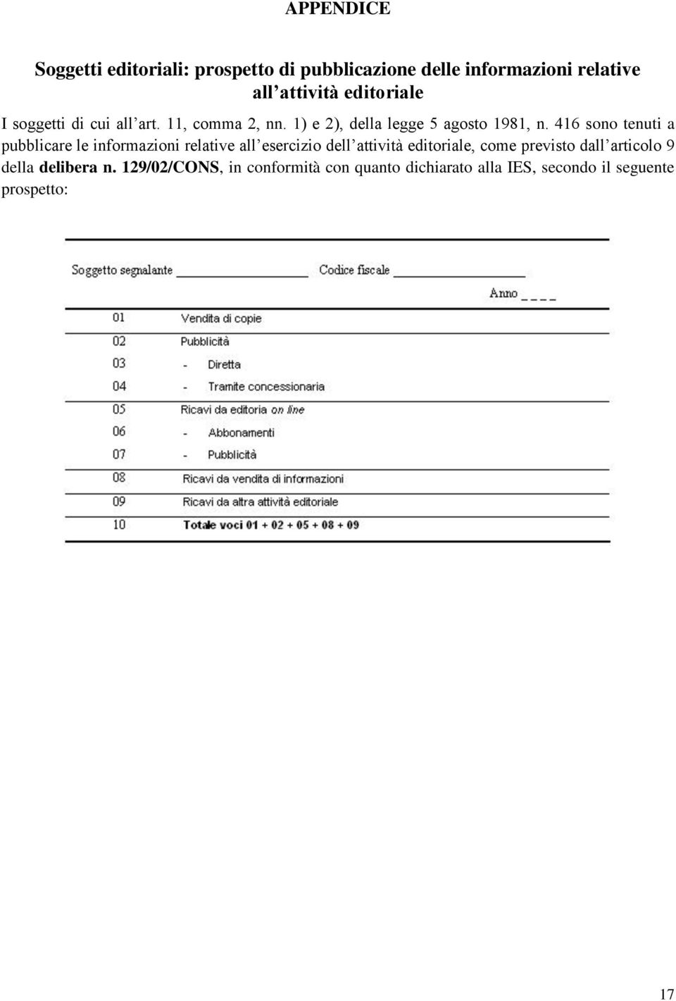 416 sono tenuti a pubblicare le informazioni relative all esercizio dell attività editoriale, come