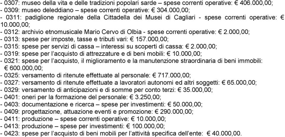 000,00; - 0313: spese per imposte, tasse e tributi vari: 157.000,00; - 0315: spese per servizi di cassa interessi su scoperti di cassa: 2.