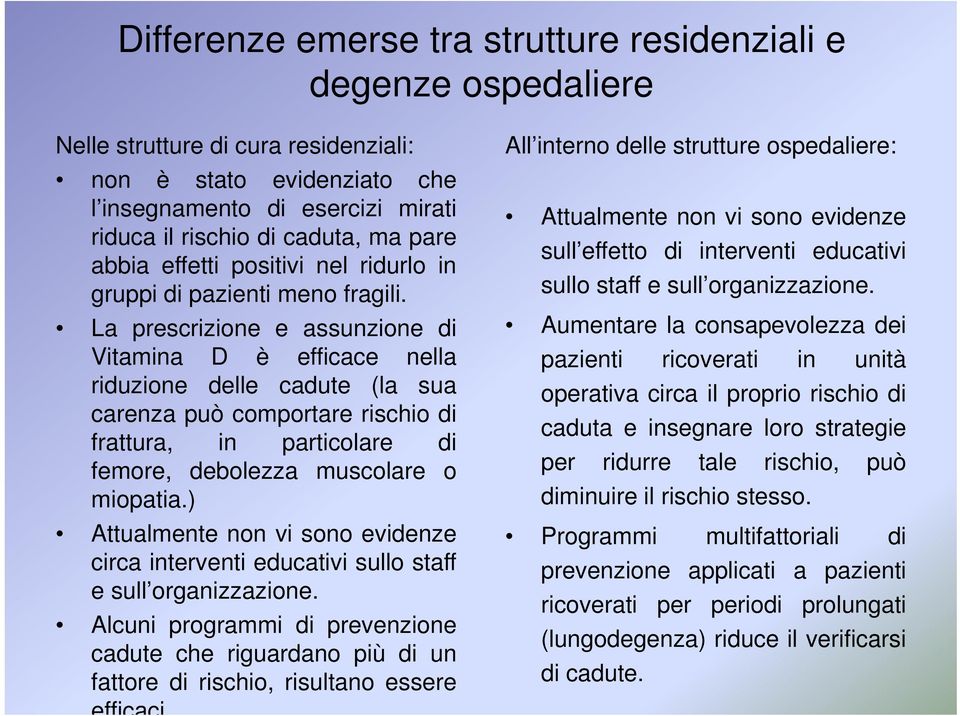 La prescrizione e assunzione di Vitamina D è efficace nella riduzione delle cadute (la sua carenza può comportare rischio di frattura, in particolare di femore, debolezza muscolare o miopatia.