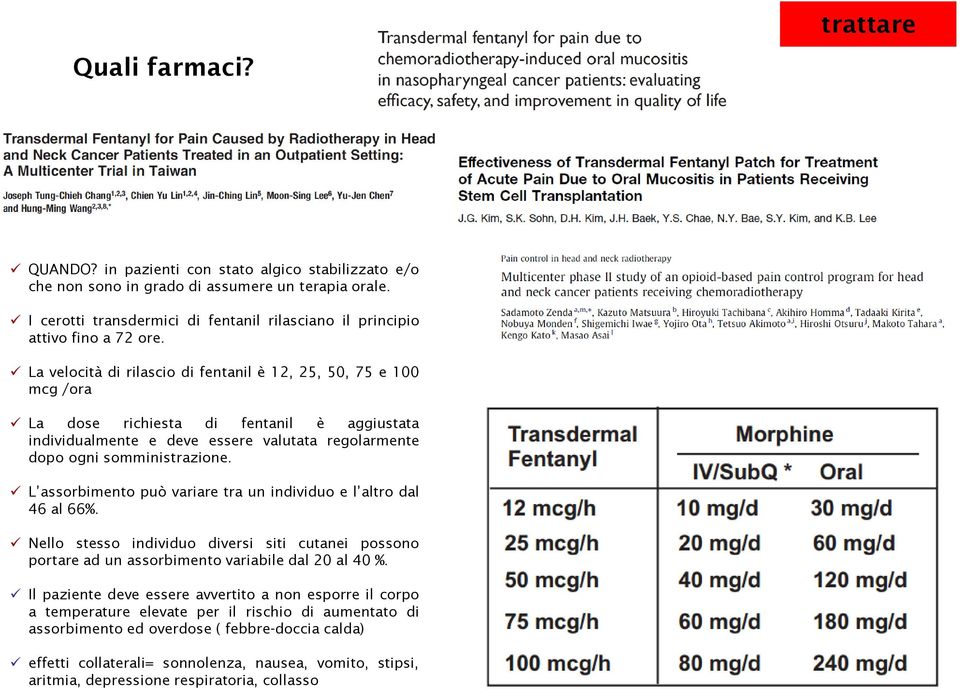 La velocità di rilascio di fentanil è 12, 25, 50, 75 e 100 mcg /ora La dose richiesta di fentanil è aggiustata individualmente e deve essere valutata regolarmente dopo ogni somministrazione.