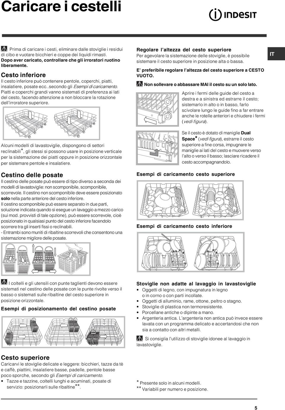 .secondo gli Esempi di caricamento. Piatti e coperchi grandi vanno sistemati di preferenza ai lati del cesto, facendo attenzione a non bloccare la rotazione dell irroratore superiore.