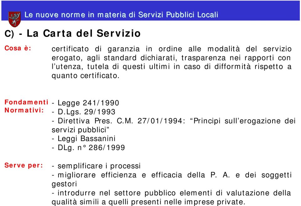 29/1993 - Direttiva Pres. C.M. 27/01/1994: Principi sull erogazione dei servizi pubblici - Leggi Bassanini - DLg.
