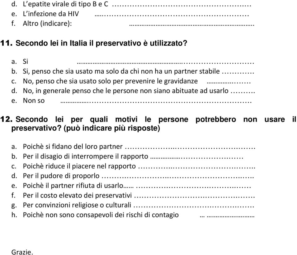 e. Non so.. 12. Secondo lei per quali motivi le persone potrebbero non usare il preservativo? (può indicare più risposte) a. Poichè si fidano del loro partner.... b.