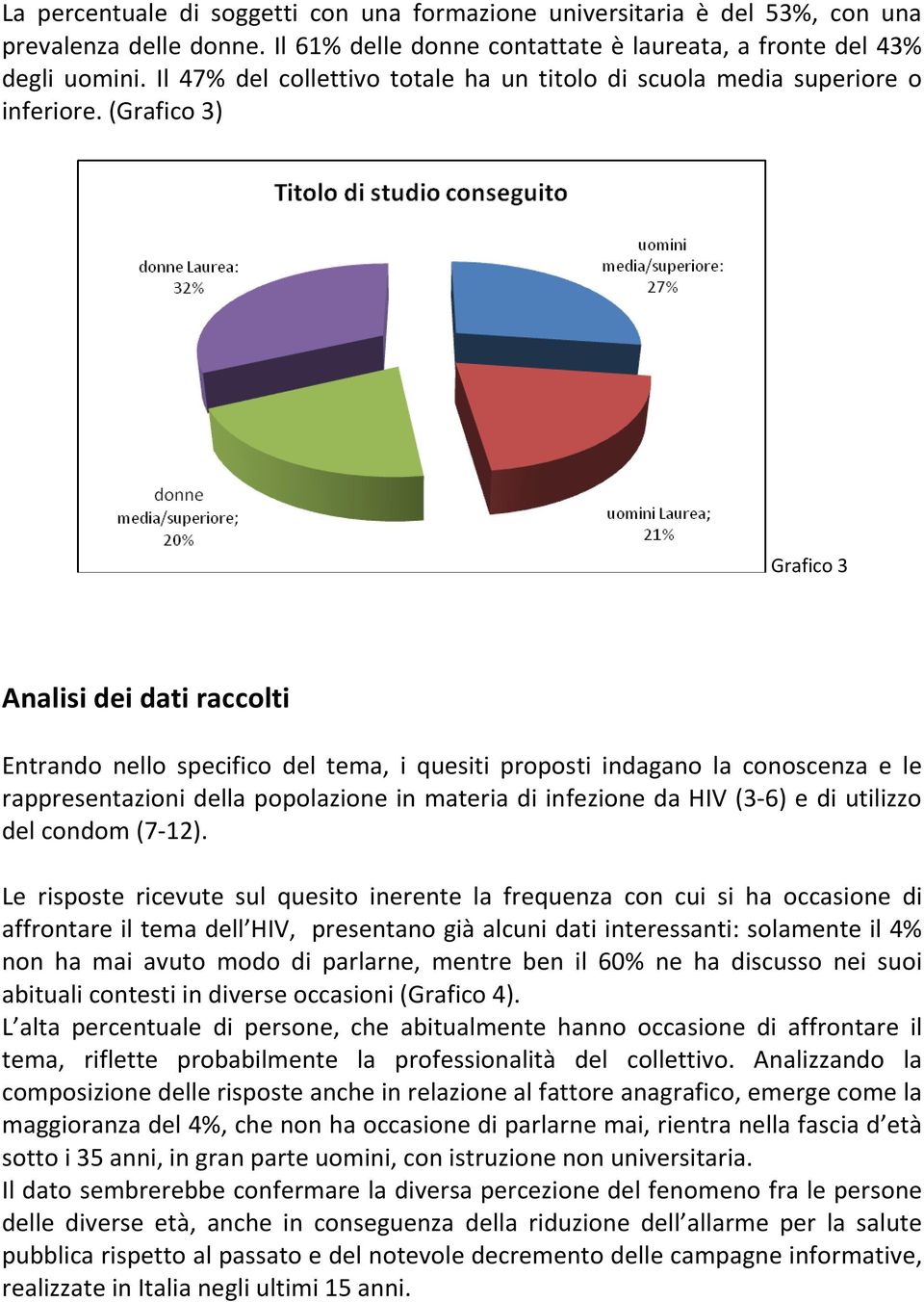 (Grafico 3) Grafico 3 Analisi dei dati raccolti Entrando nello specifico del tema, i quesiti proposti indagano la conoscenza e le rappresentazioni della popolazione in materia di infezione da HIV