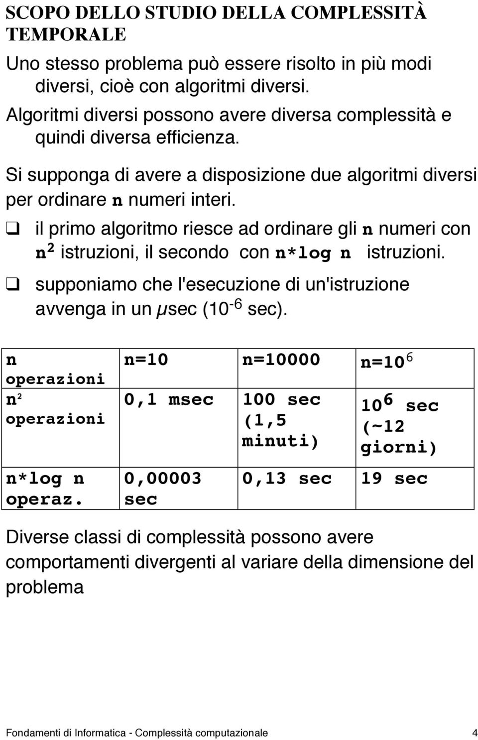 il primo algoritmo riesce ad ordinare gli n numeri con n 2 istruzioni, il secondo con n*log n istruzioni. supponiamo che l'esecuzione di un'istruzione avvenga in un µsec (10-6 sec).