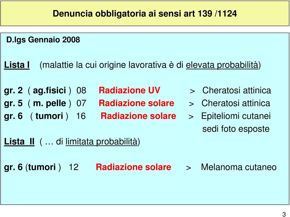 gr. 2 ( ag.fisici ) 08 Radiazione UV > Cheratosi attinica gr. 5 ( m.