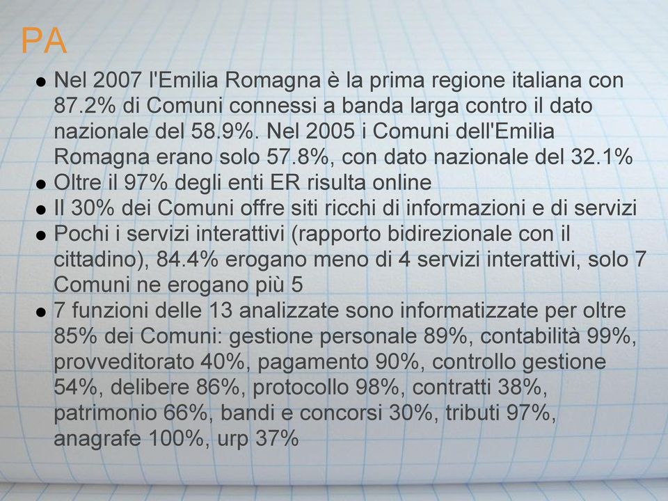 1% Oltre il 97% degli enti ER risulta online Il 30% dei Comuni offre siti ricchi di informazioni e di servizi Pochi i servizi interattivi (rapporto bidirezionale con il cittadino), 84.