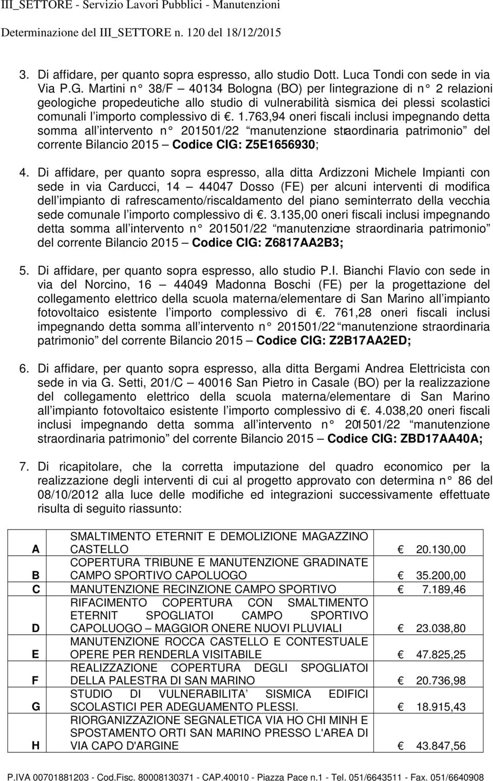 763,94 oneri fiscali inclusi impegnando detta somma all intervento n 201501/22 manutenzione straordinaria patrimonio del corrente Bilancio 2015 Codice CIG: Z5E1656930; 4.