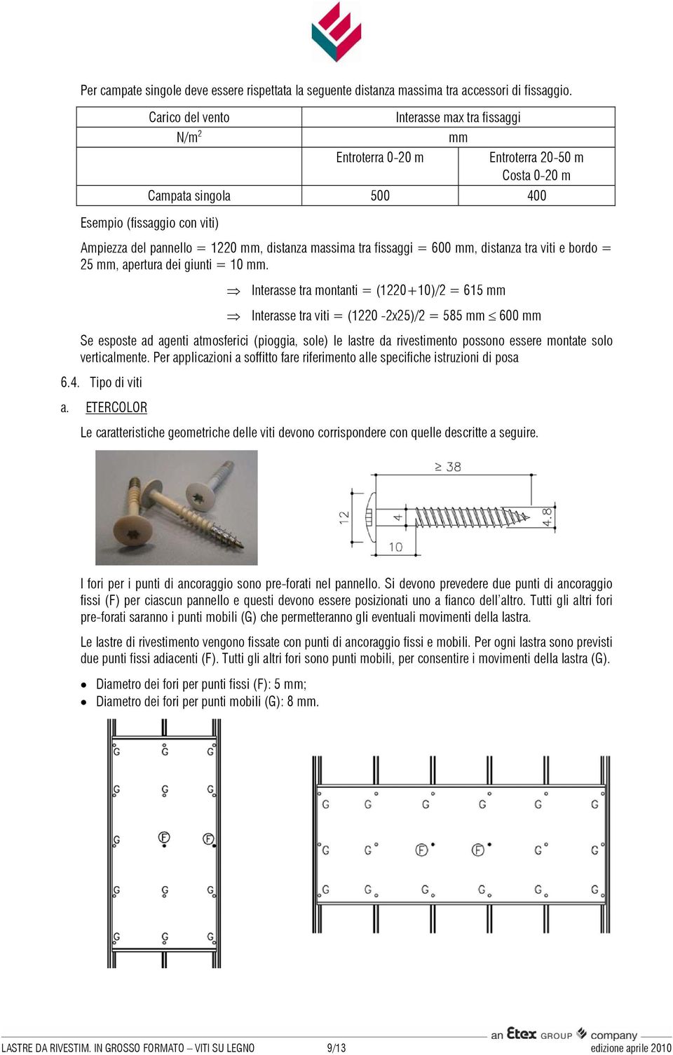 massima tra fissaggi = 600 mm, distanza tra viti e bordo = 25 mm, apertura dei giunti = 10 mm.