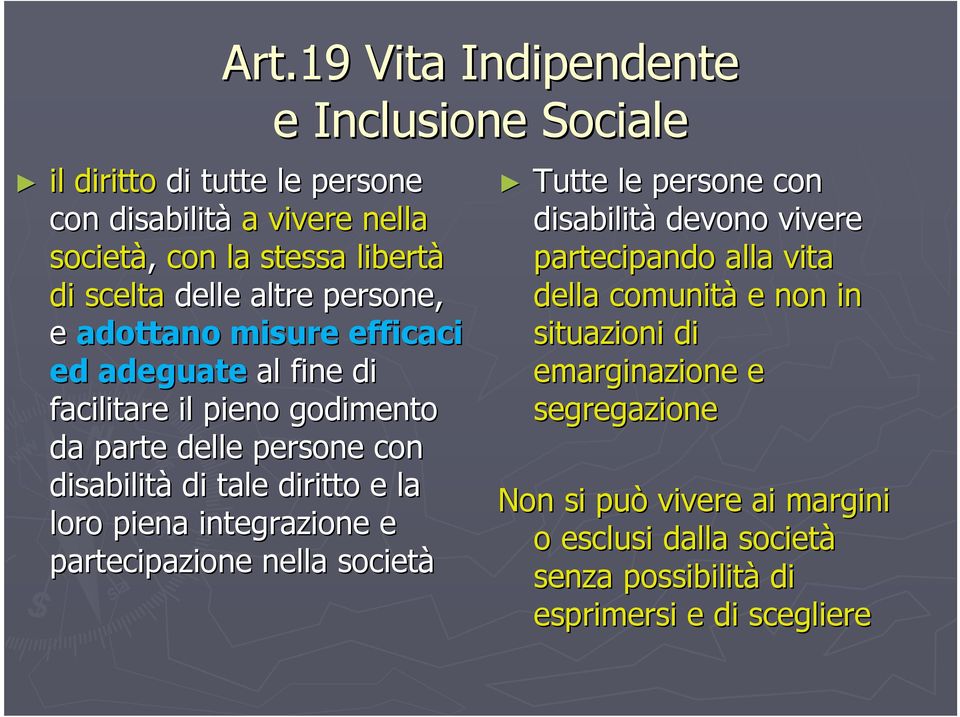 integrazione e partecipazione nella società e Inclusione Sociale Tutte le persone con disabilità devono vivere partecipando alla vita della comunità