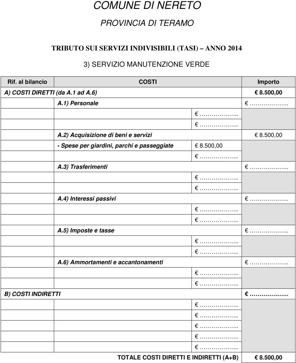 2) Acquisizione di beni e servizi 8.500,00 - Spese per giardini, parchi e passeggiate 8.500,00 A.